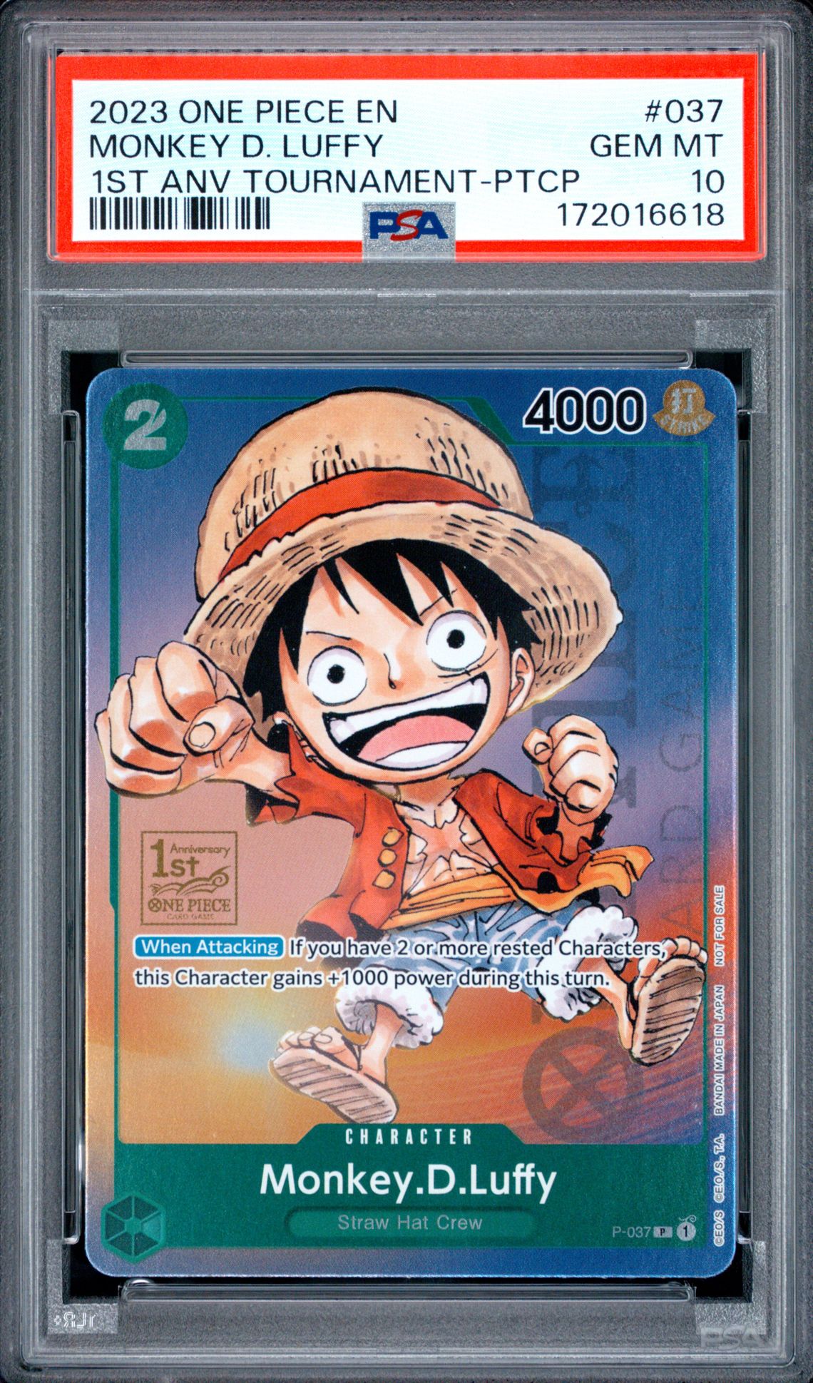 2023 One Piece Promos Monkey D. Luffy #037 (1St Anv Tournament-Ptcp) Gem Mt 10 front view - PSA graded GEM MT 10