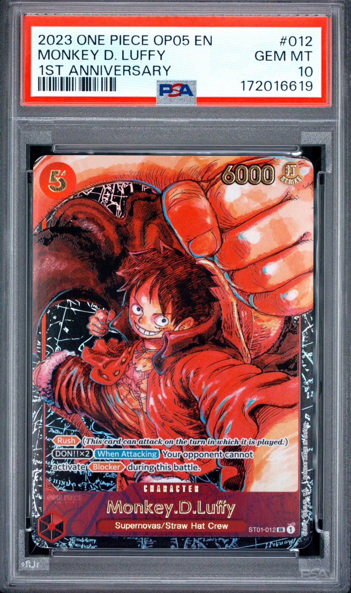 2023 One Piece Op05-Awakening Of The New Era Monkey D. Luffy #012 (1St Anniversary) Gem Mt 10 front view - PSA graded GEM MT 10
