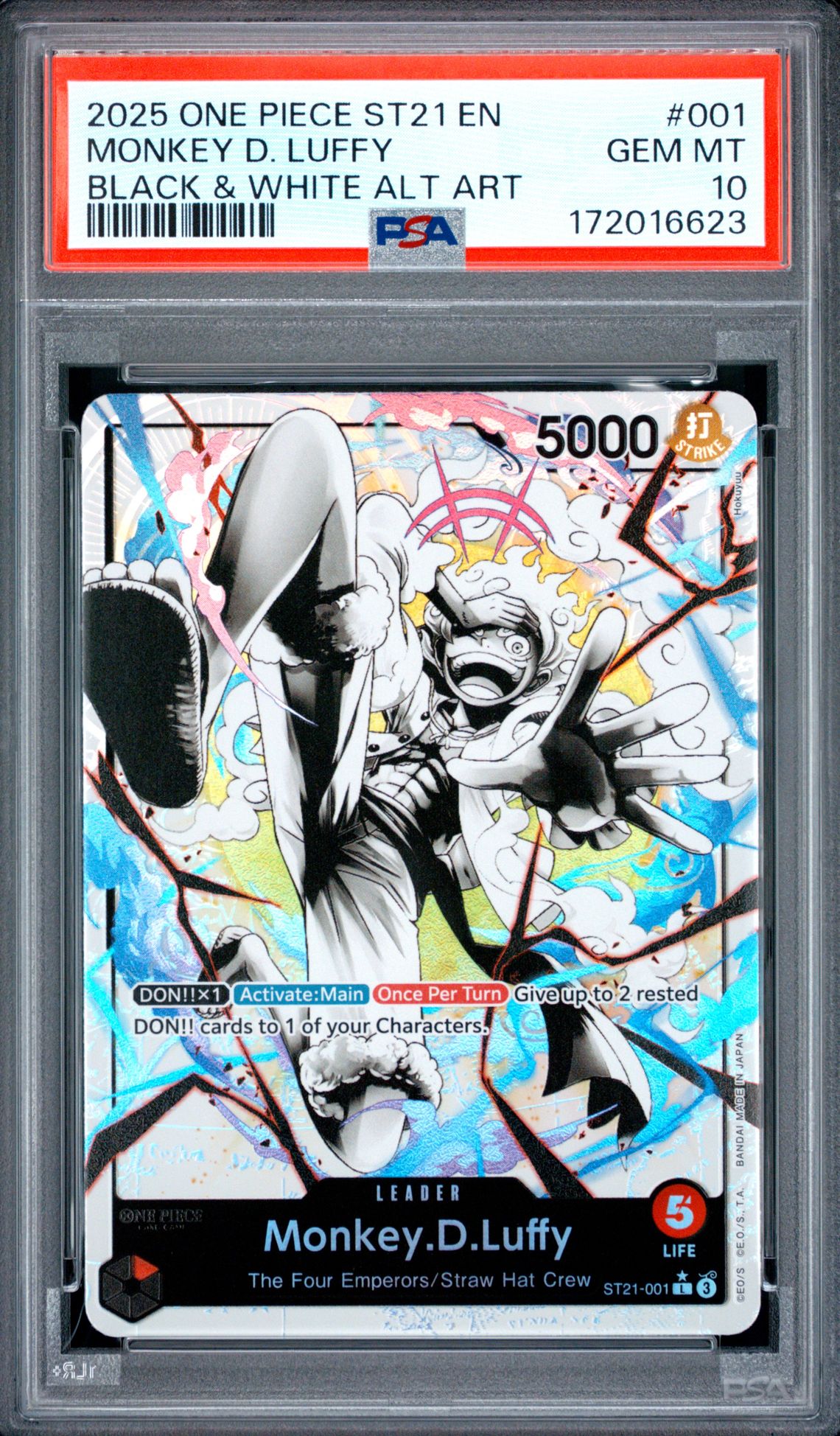 2025 One Piece Starter Deck St21-Ex Gear 5 Monkey D. Luffy #001 (Black & White Alt Art) Gem Mt 10 front view - PSA graded GEM MT 10