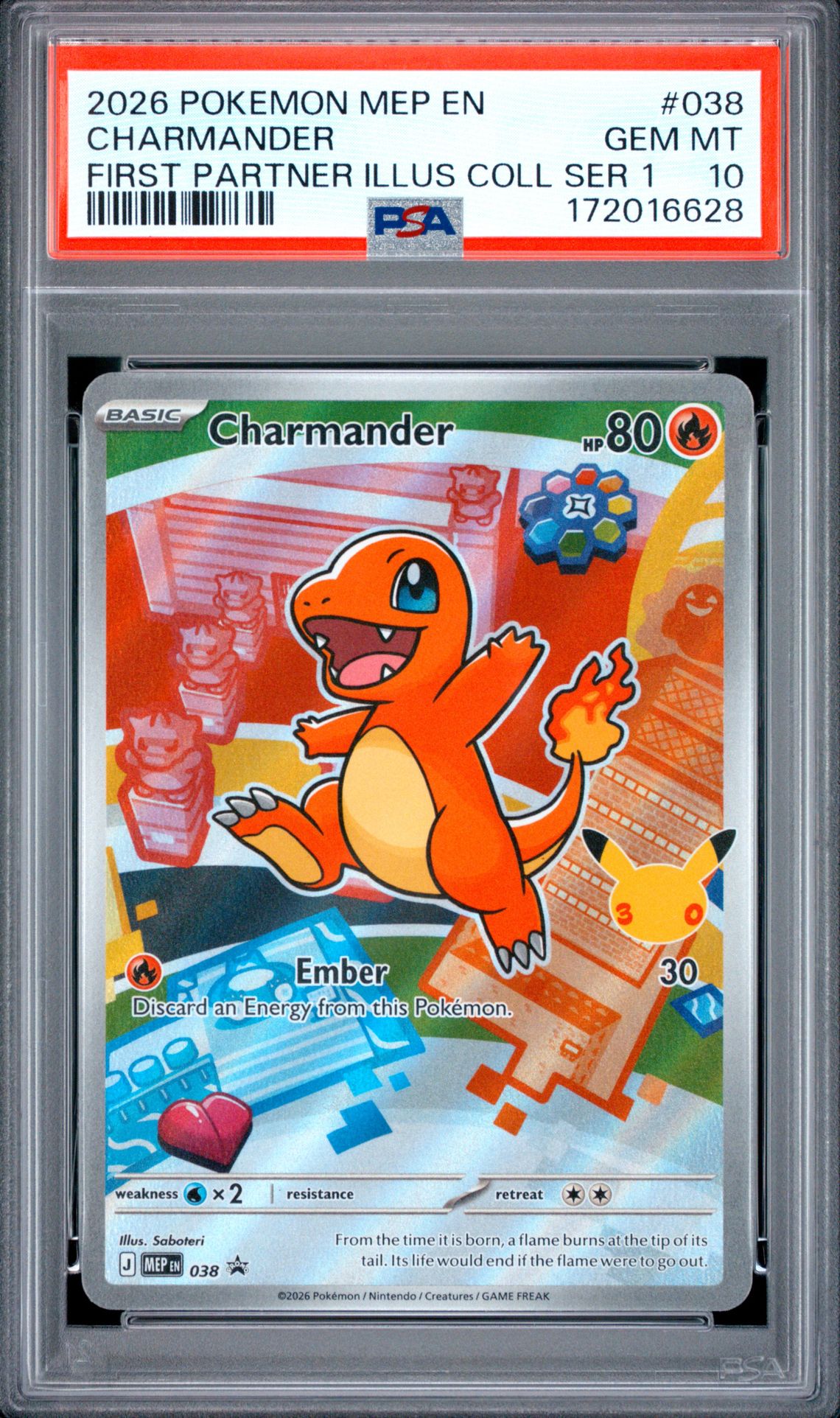 2026 Pokemon Mep En-Me Black Star Promo Charmander #038 (First Partner Illus Coll Ser 1) Gem Mt 10 front view - PSA graded GEM MT 10