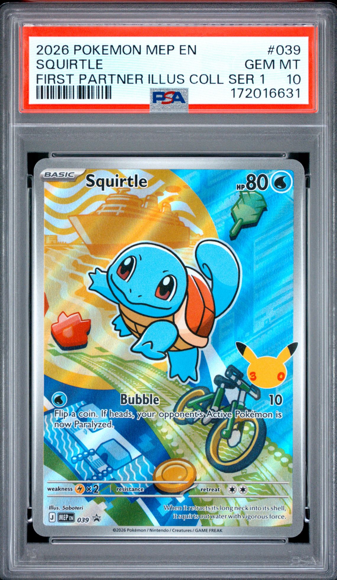 2026 Pokemon Mep En-Me Black Star Promo Squirtle #039 (First Partner Illus Coll Ser 1) Gem Mt 10 front view - PSA graded GEM MT 10