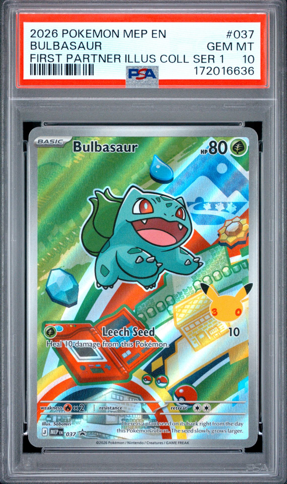 2026 Pokemon Mep En-Me Black Star Promo Bulbasaur #037 (First Partner Illus Coll Ser 1) Gem Mt 10 front view - PSA graded GEM MT 10