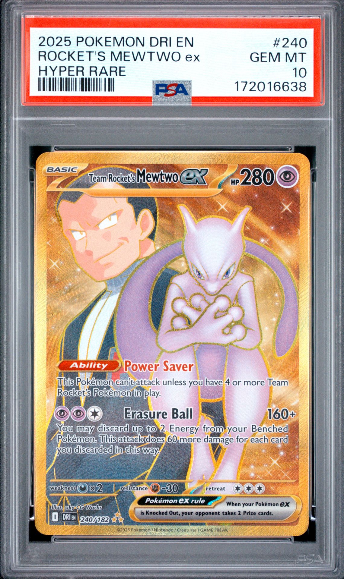 2025 Pokemon Dri En-Destined Rivals Rocket's Mewtwo Ex #240 (Hyper Rare) Gem Mt 10 front view - PSA graded GEM MT 10