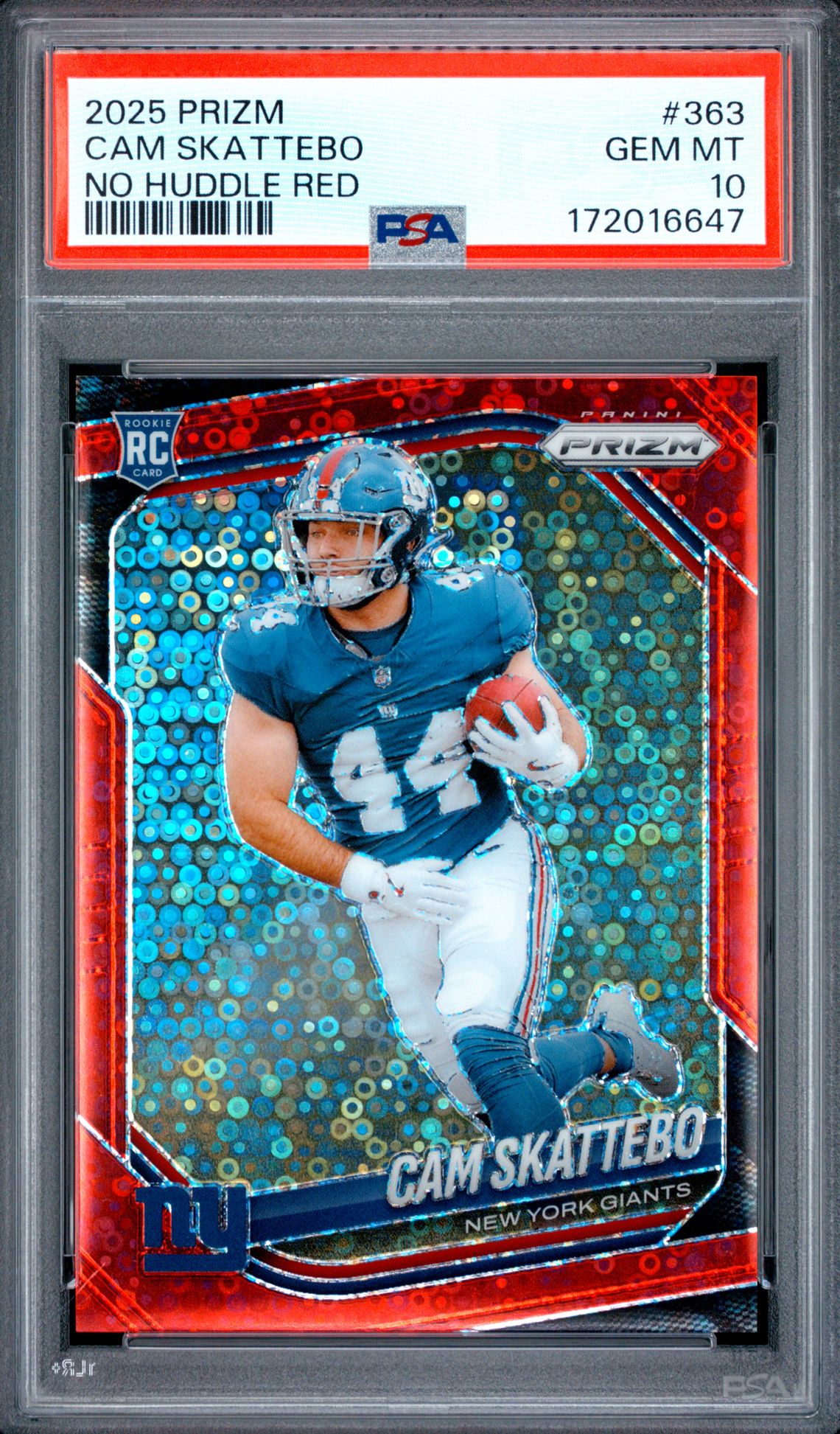 2025 Panini Prizm Cam Skattebo #363 (No Huddle Red) Gem Mt 10 front view - PSA graded GEM MT 10