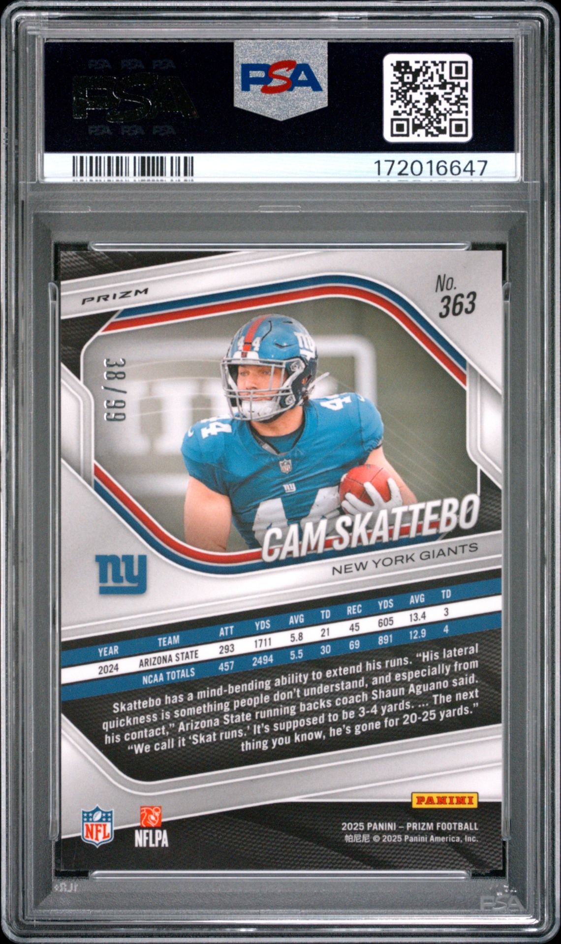 2025 Panini Prizm Cam Skattebo #363 (No Huddle Red) Gem Mt 10 back view - PSA certificate #172016647