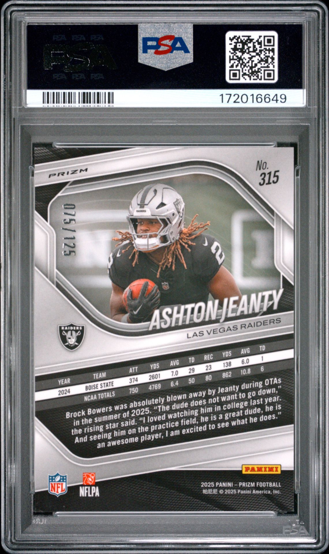 2025 Panini Prizm Ashton Jeanty #315 (No Huddle Blue) Gem Mt 10 back