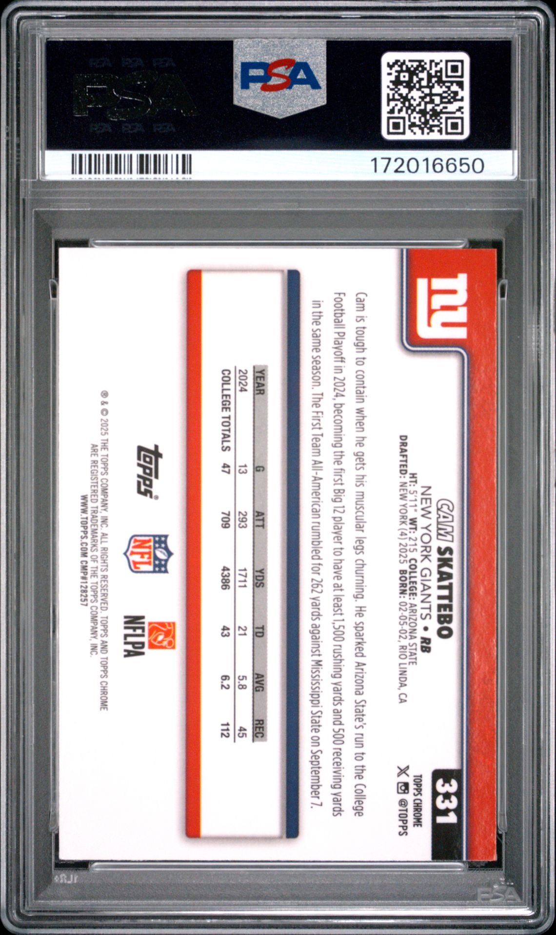 2025 Topps Chrome Cam Skattebo #331 (Football Leather Refractor) Mint 9 back