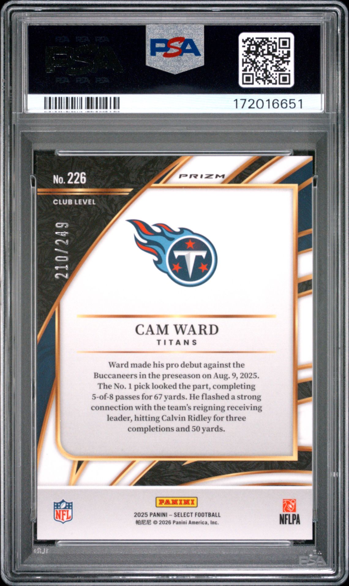 2025 Panini Select Cam Ward #226 (Tri-Color Prizm) Mint 9 back