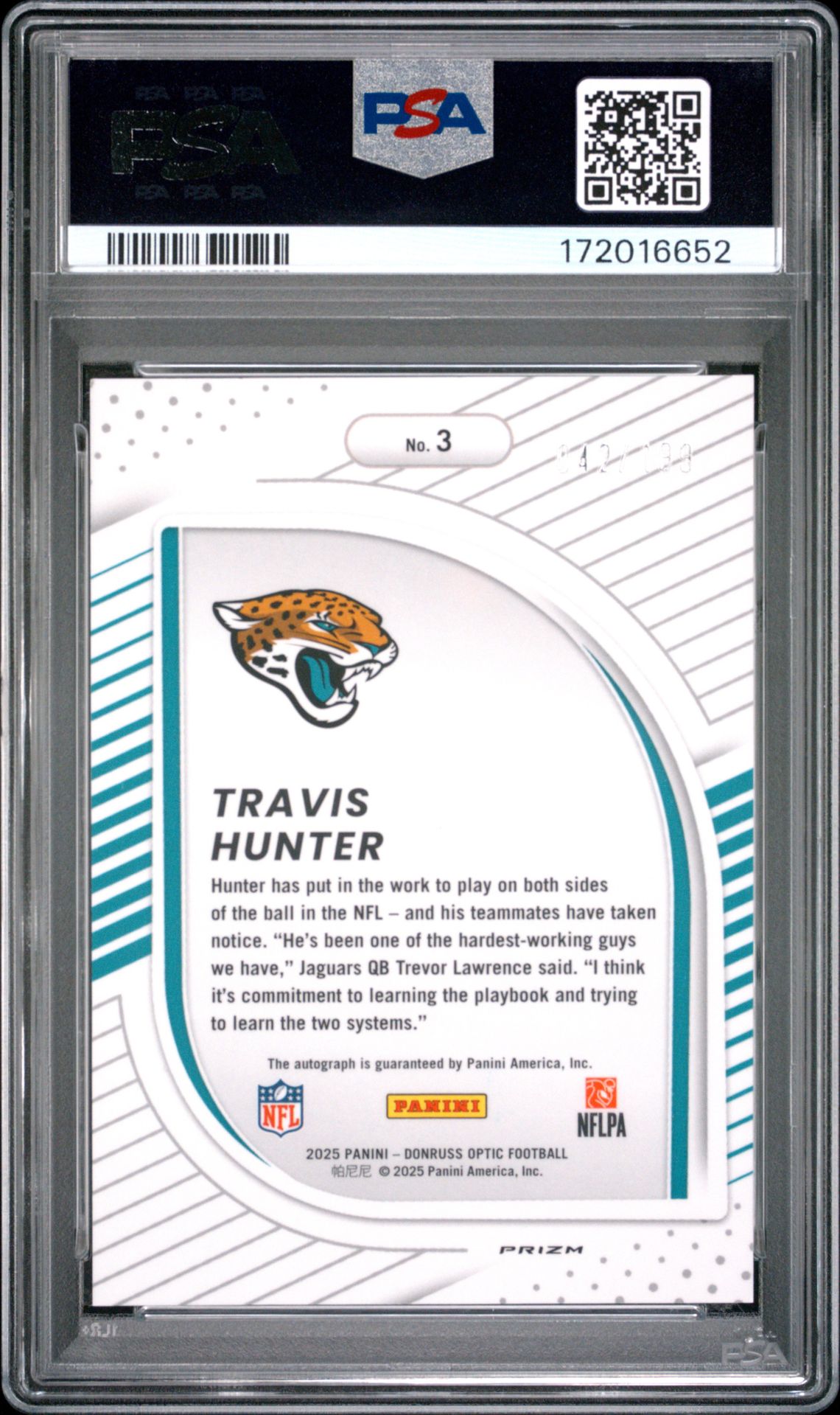 2025 Panini Donruss Optic Hidden Potential Travis Hunter #3 (Hidden Potential-Autograph) Mint 9 back