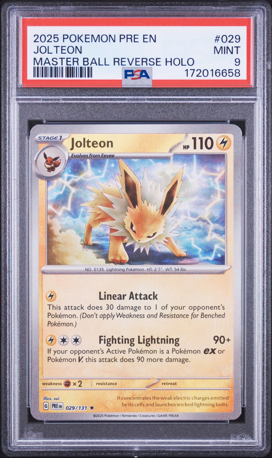 2025 Pokemon Pre En-Prismatic Evolutions Jolteon #029 (Master Ball Reverse Holo) Mint 9 front