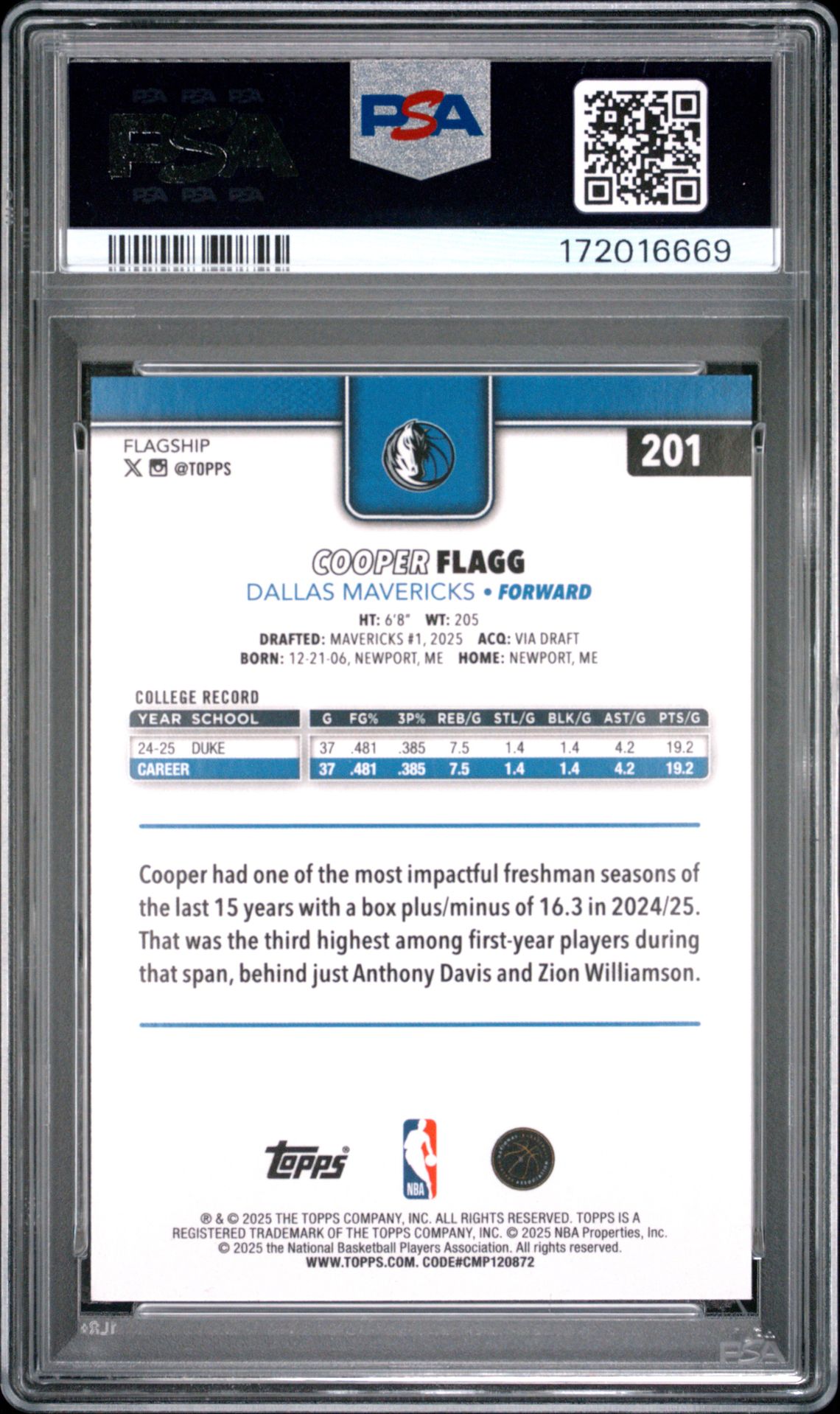 2025 Topps Cooper Flagg #201 (Rainbow Foilboard) Mint 9 back