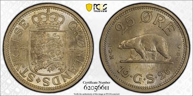 1926 HCN GJ 25 Øre KM-5 w/o Hole MS65