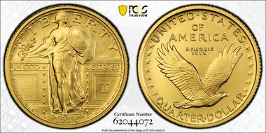 "1916" W (2026) 25C Standing Liberty Au w/ Liberty Bell 250 Privy First Strike SP70