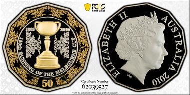2010 50C Melbourne Cup 1861-2010 Trophy Silver PR70DCAM