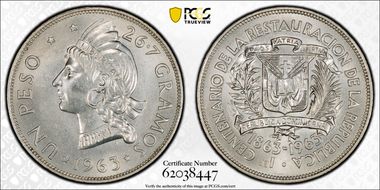1963 Peso 100th Anniv Republic KM-30 Ag MS67