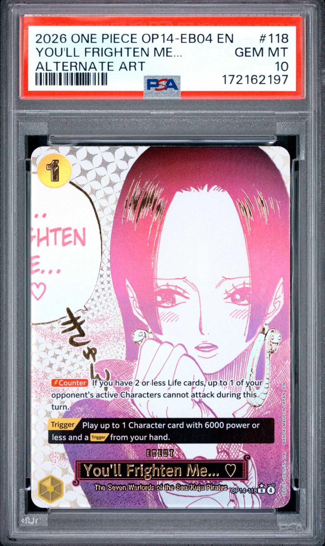 2026 ONE PIECE OP14-EB04-THE AZURE SEA'S SEVEN YOU'LL FRIGHTEN ME... ALTERNATE ART 118 GEM MT 10 front