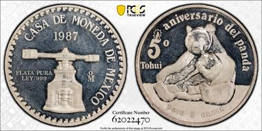 1987-Mo 5 Onza X-MB23 Ag Giant Panda Tohui 5th Ann. PR63DCAM