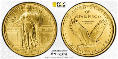 "1916" W (2026) 25C Standing Liberty Au w/ Liberty Bell 250 Privy First Strike SP70