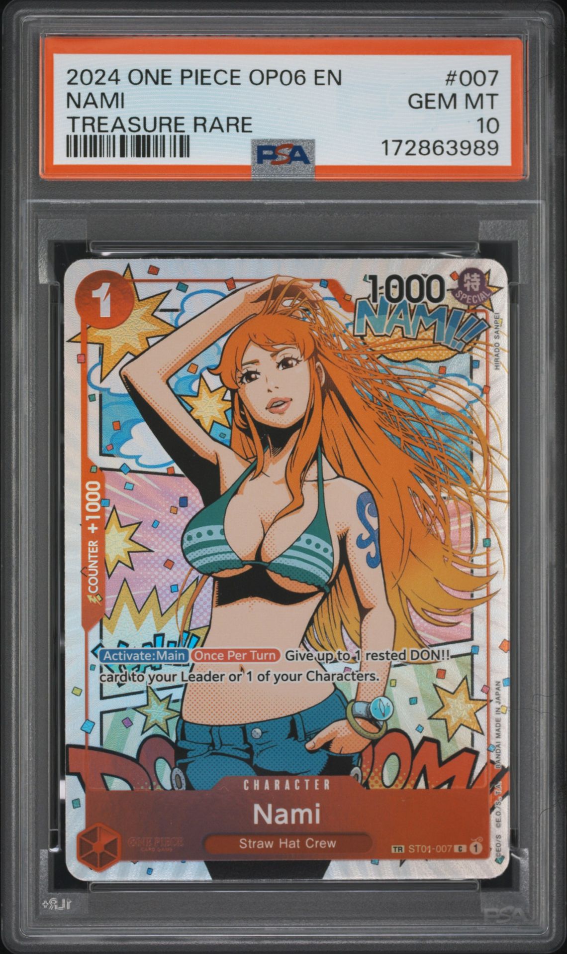 2024 One Piece Op06-Wings Of The Captain Nami #007 (Treasure Rare) Gem Mt 10 front view - PSA graded GEM MT 10