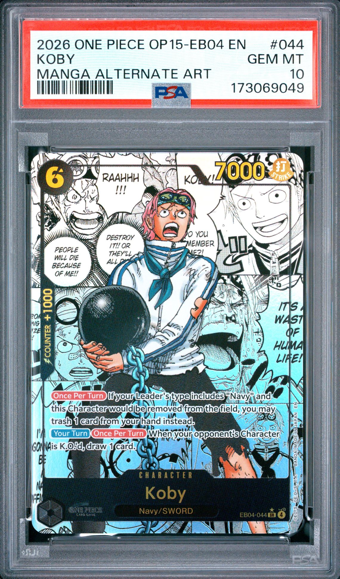2026 One Piece Op15-Eb04-Adventure On Kami's Island Koby #044 (Manga Alternate Art) Gem Mt 10 front view - PSA graded GEM MT 10
