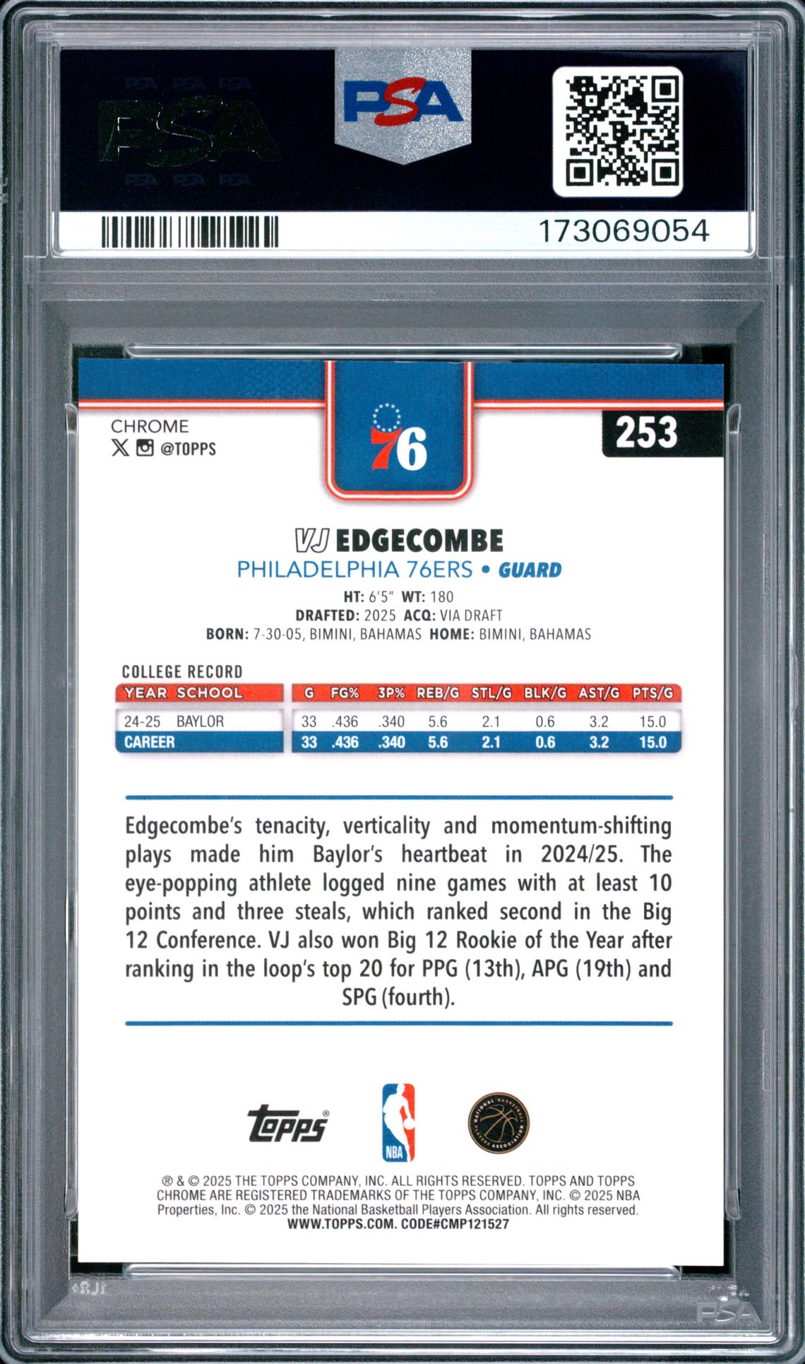 2025 Topps Chrome Vj Edgecombe #253 (Blue X-Fractor) Gem Mt 10 back view - PSA certificate #173069054