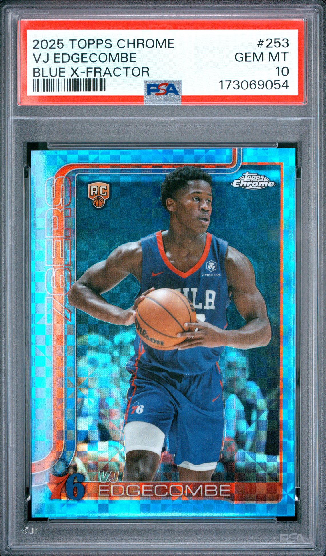 2025 Topps Chrome Vj Edgecombe #253 (Blue X-Fractor) Gem Mt 10 front view - PSA graded GEM MT 10