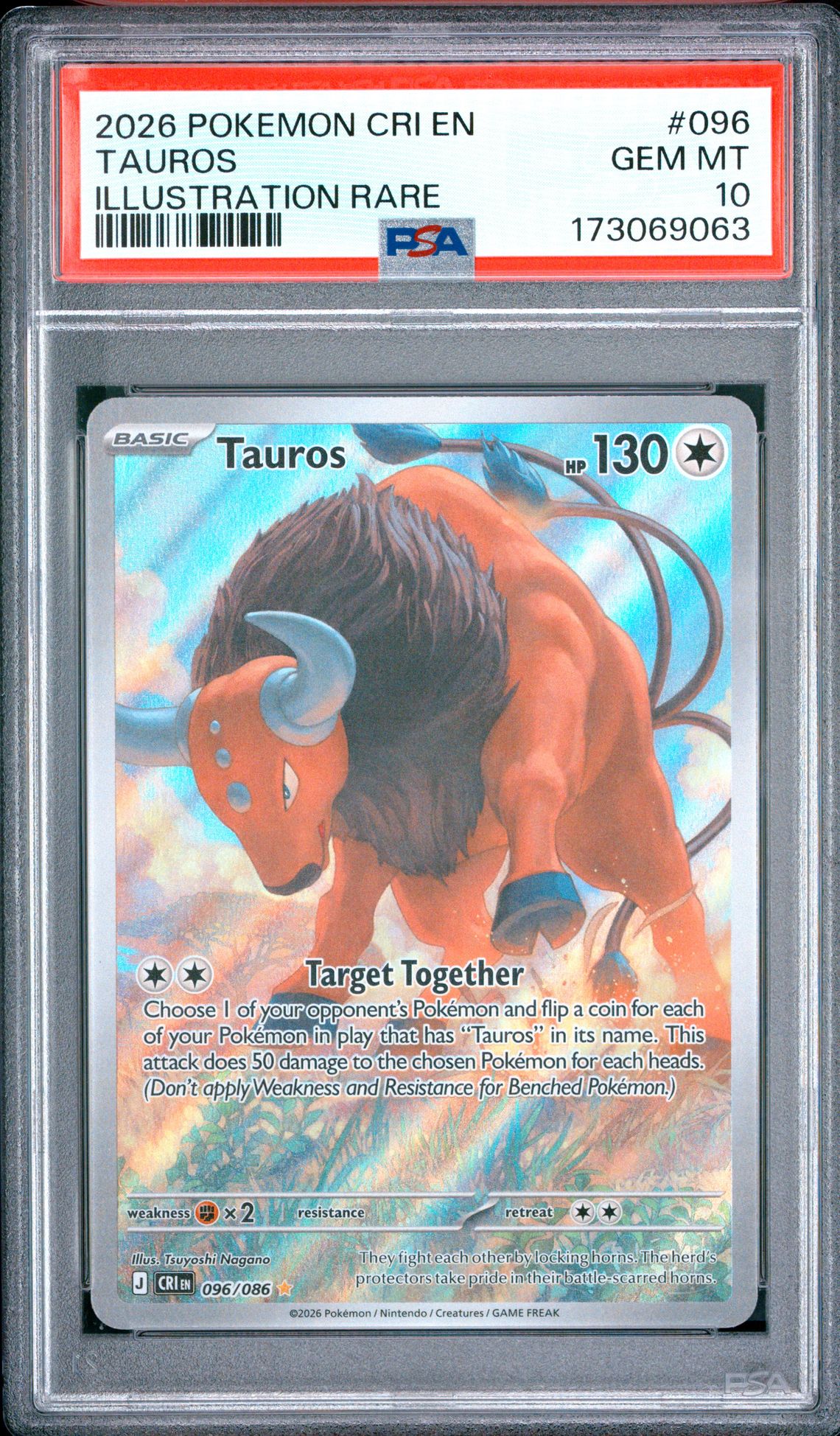 2026 Pokemon Cri En-Chaos Rising Tauros #096 (Illustration Rare) Gem Mt 10 front view - PSA graded GEM MT 10