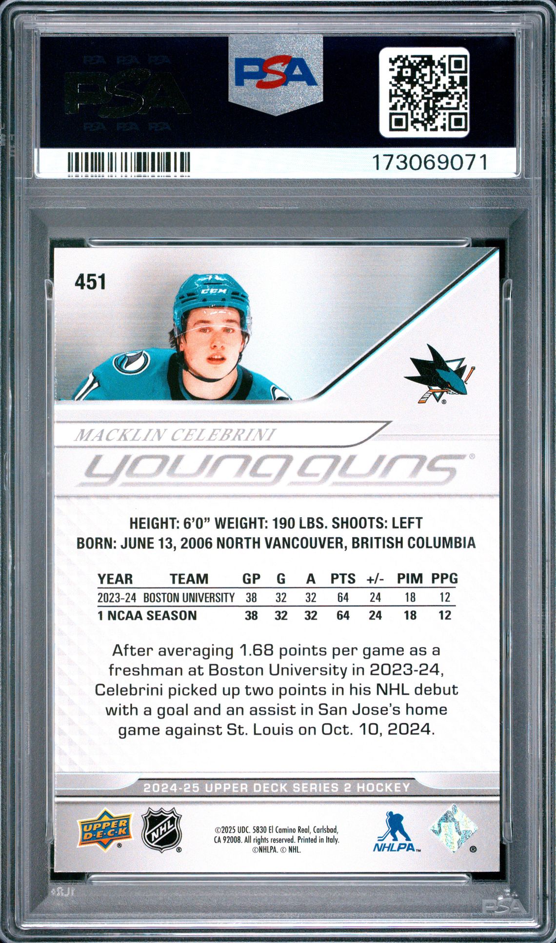 2024 Upper Deck Macklin Celebrini #451 Nm-Mt 8 back
