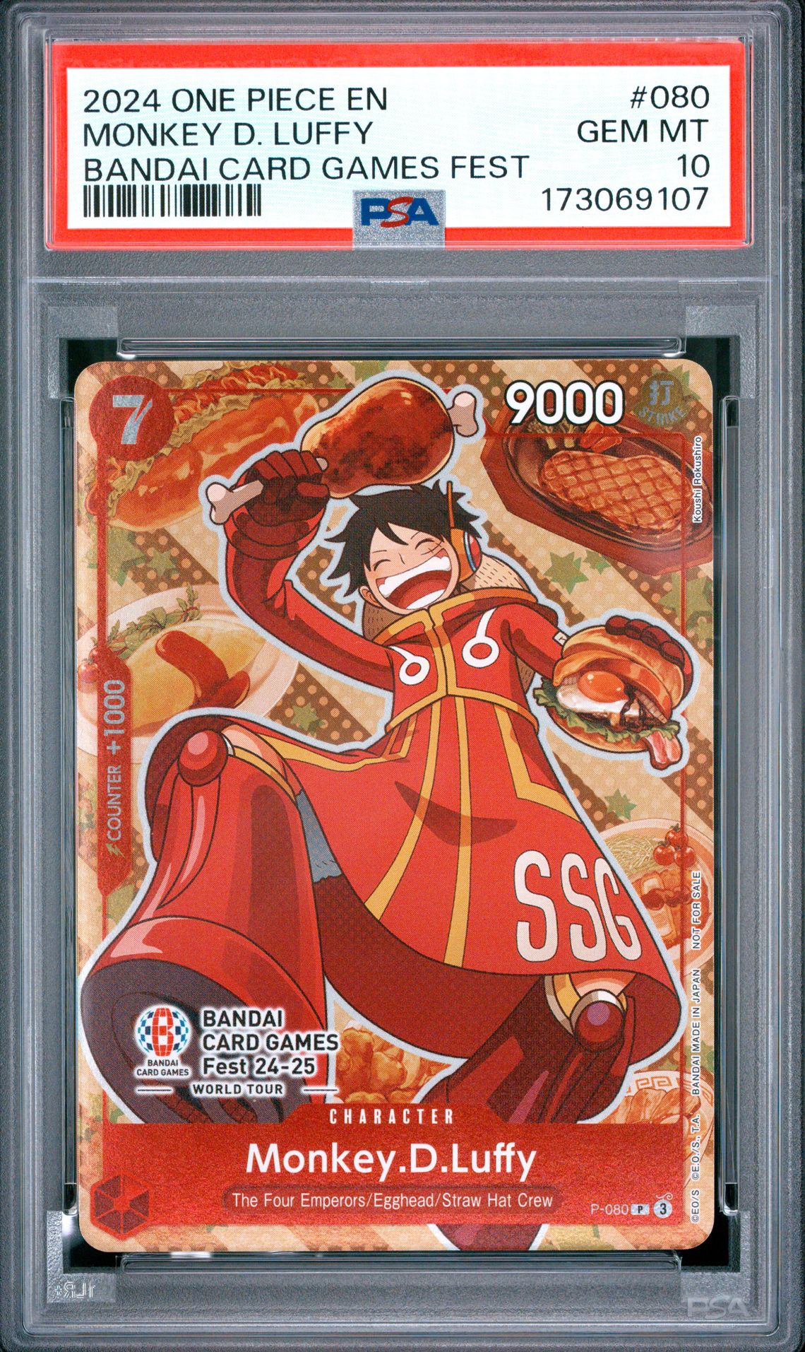 2024 One Piece Promos Monkey D. Luffy #080 (Bandai Card Games Fest) Gem Mt 10 front view - PSA graded GEM MT 10