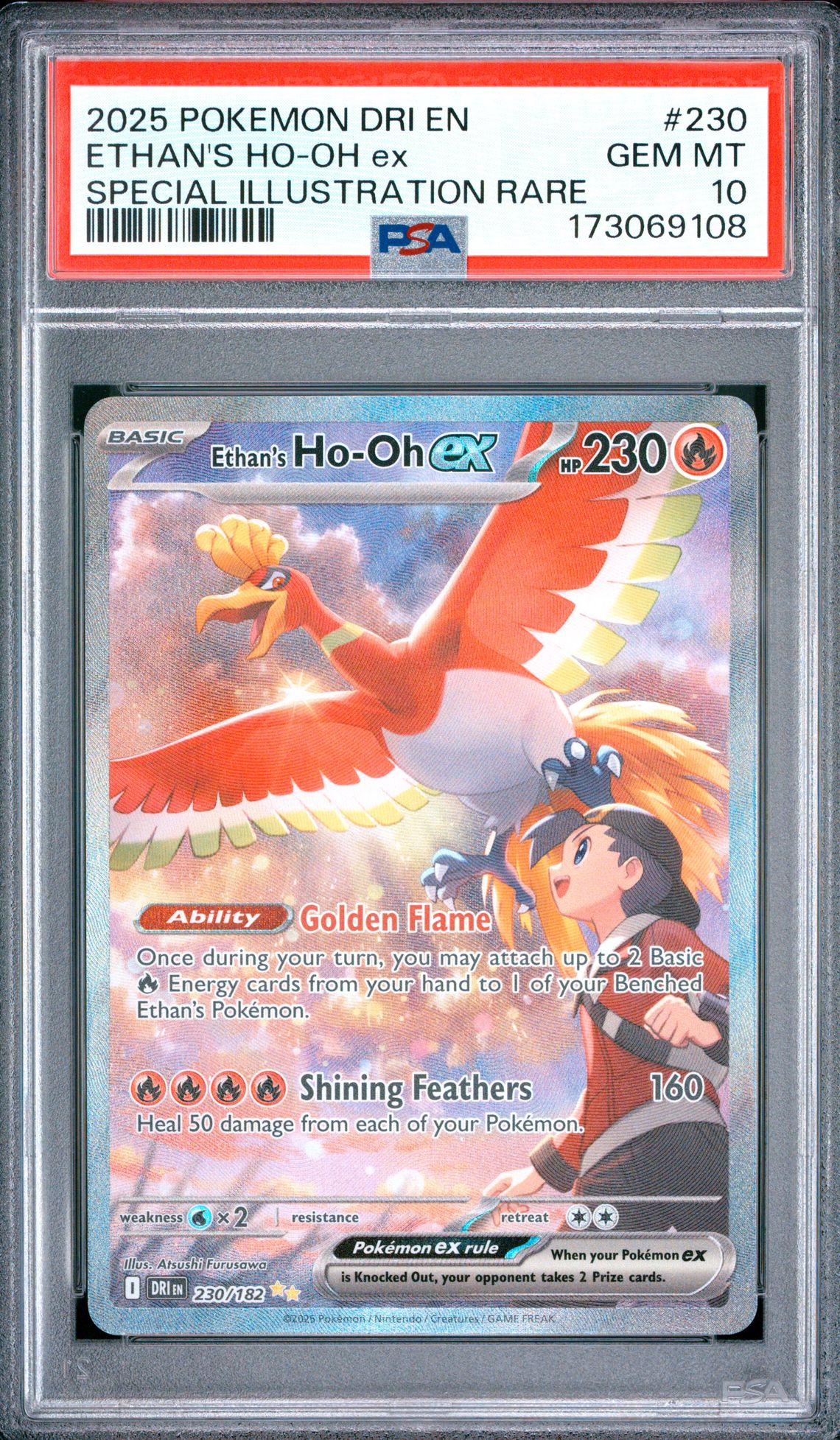 2025 Pokemon Dri En-Destined Rivals Ethan's Ho-Oh Ex #230 (Special Illustration Rare) Gem Mt 10 front view - PSA graded GEM MT 10
