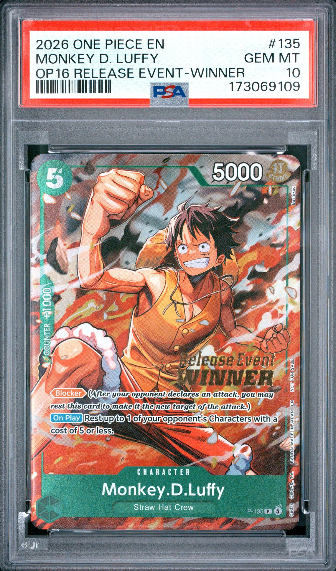 2026 One Piece Promos Monkey D. Luffy #135 (Op16 Release Event-Winner) Gem Mt 10 front