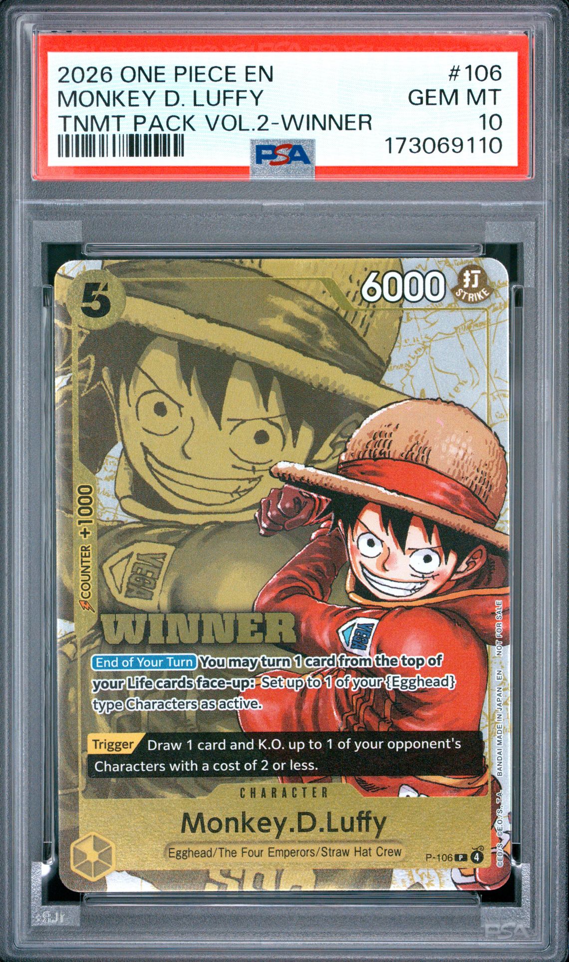 2026 One Piece Tournament Pack Vol.2 Monkey D. Luffy #106 (Tnmt Pack Vol.2-Winner) Gem Mt 10 front view - PSA graded GEM MT 10
