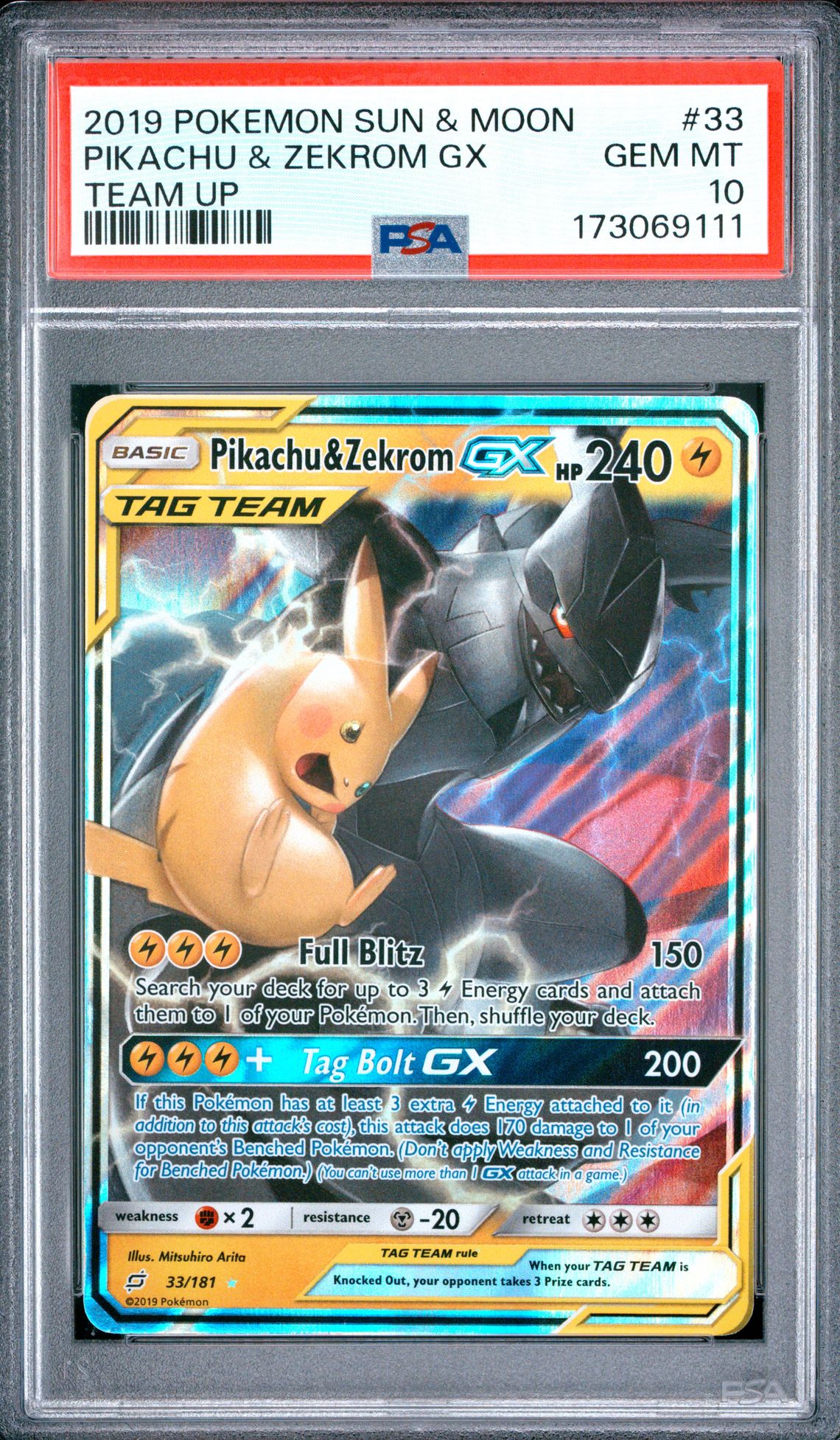 2019 Pokemon Sun & Moon Team Up Pikachu & Zekrom Gx #33 (Team Up) Gem Mt 10 front view - PSA graded GEM MT 10