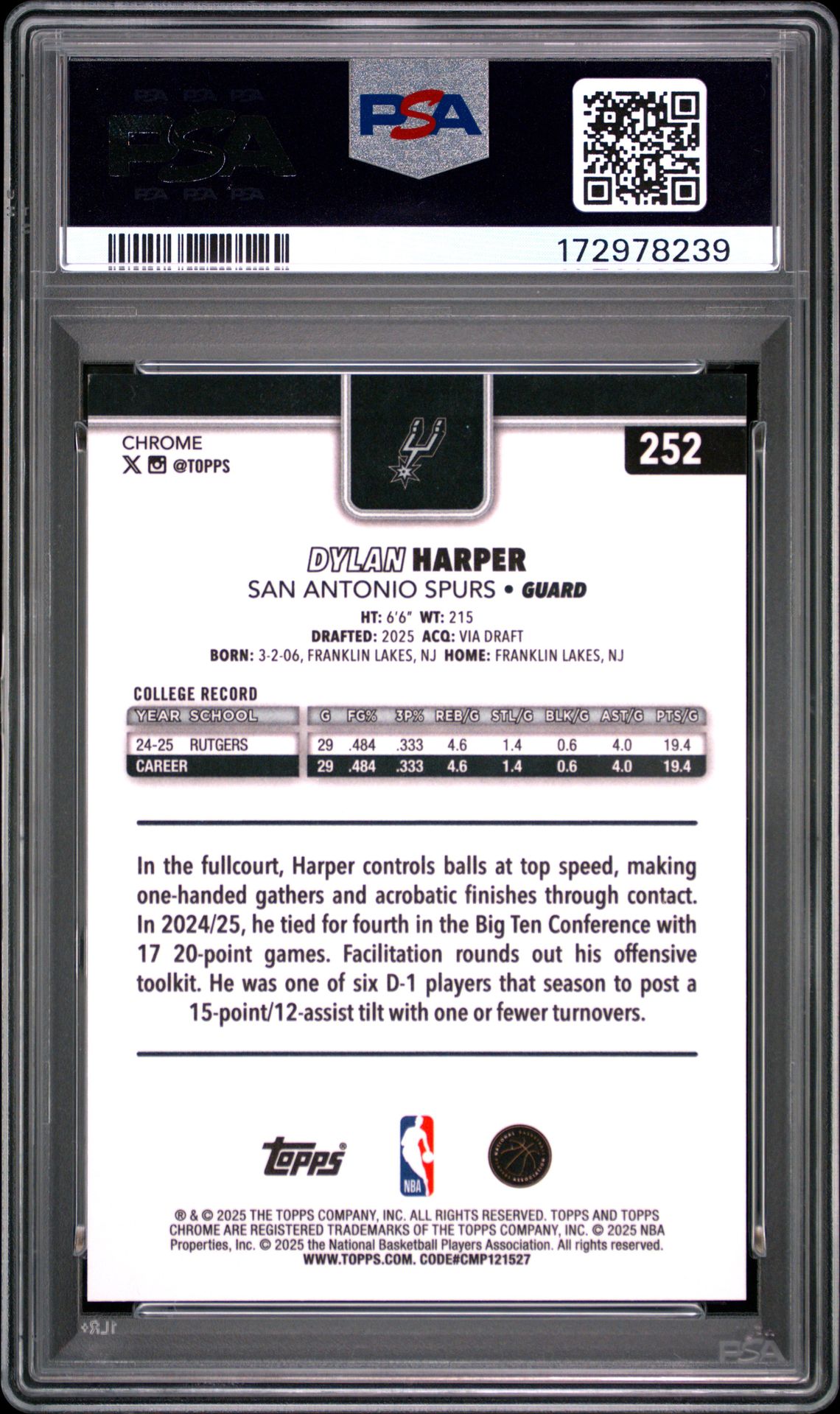 2025 Topps Chrome Dylan Harper #252 (Blue X-Fractor) Gem Mt 10 back view - PSA certificate #172978239