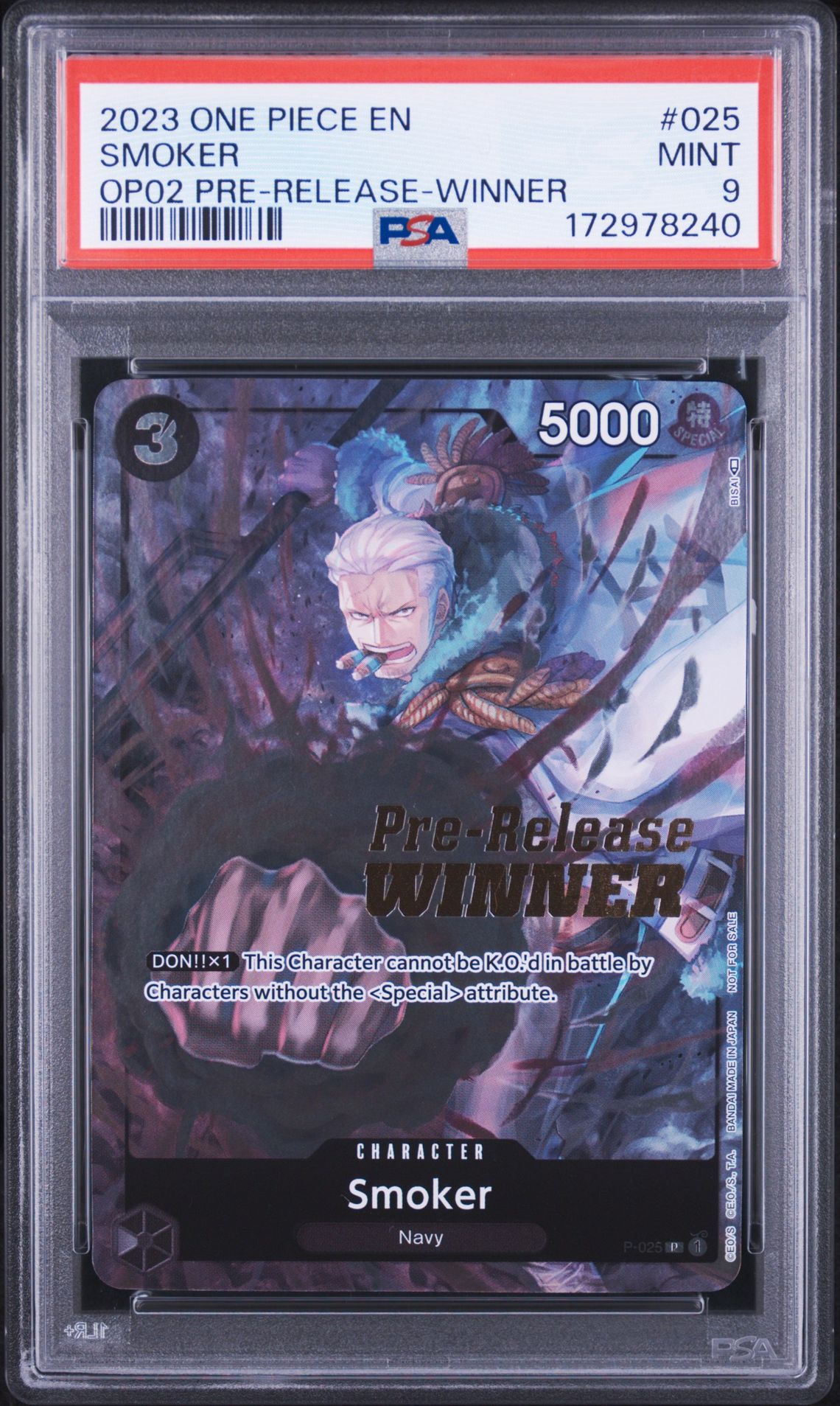 2023 One Piece Promos Smoker #025 (Op02 Pre-Release-Winner) Mint 9 front