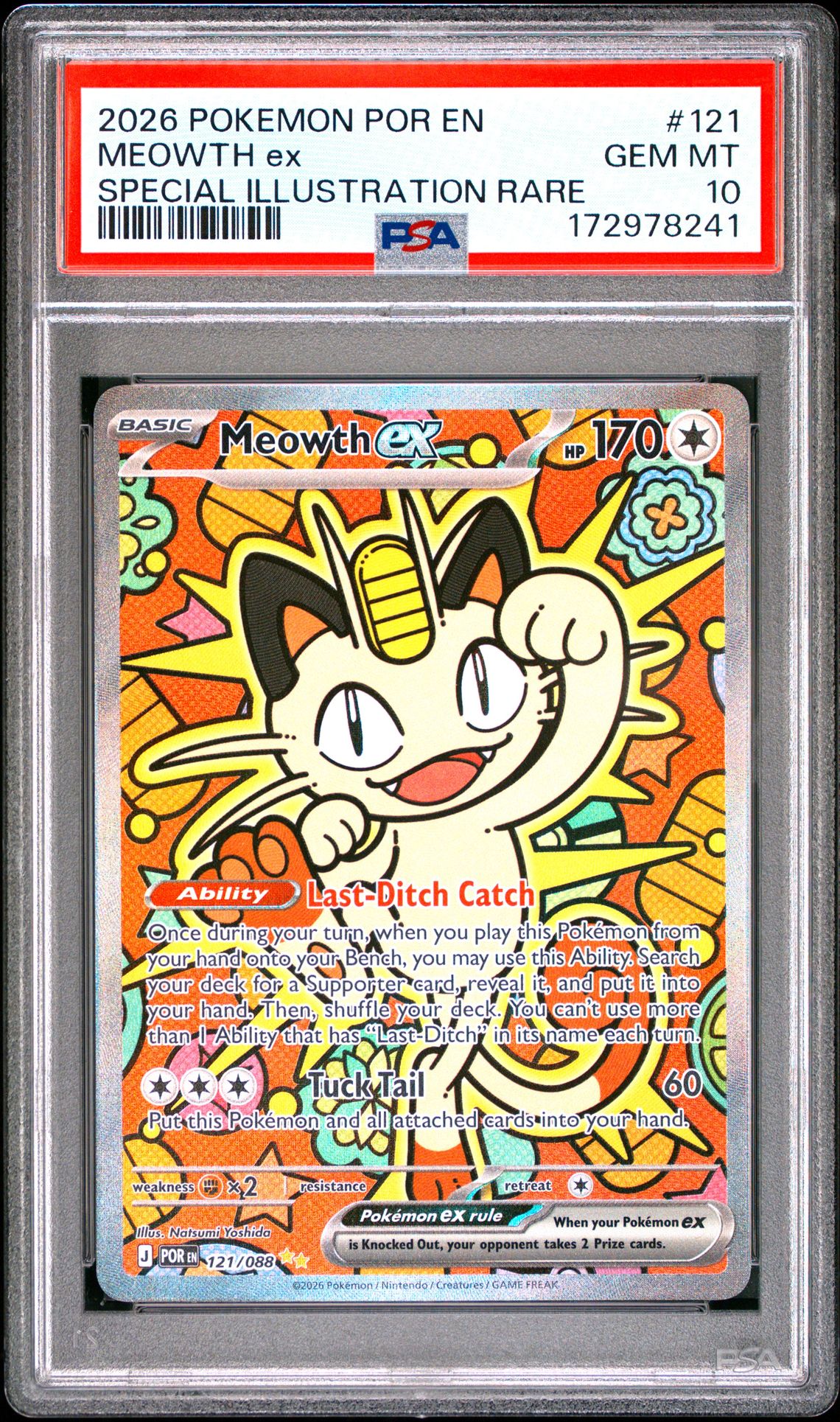2026 Pokemon Por En-Perfect Order Meowth Ex #121 (Special Illustration Rare) Gem Mt 10 front view - PSA graded GEM MT 10