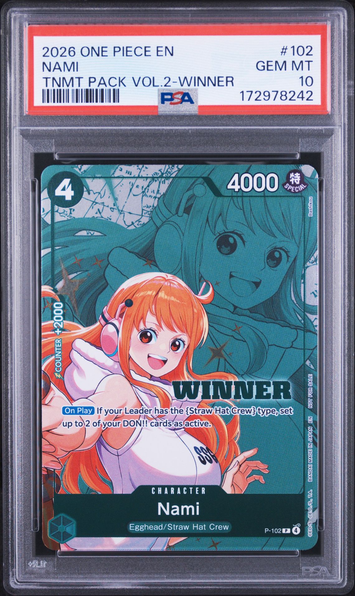 2026 One Piece Tournament Pack Vol.2 Nami #102 (Tnmt Pack Vol.2-Winner) Gem Mt 10 front view - PSA graded GEM MT 10