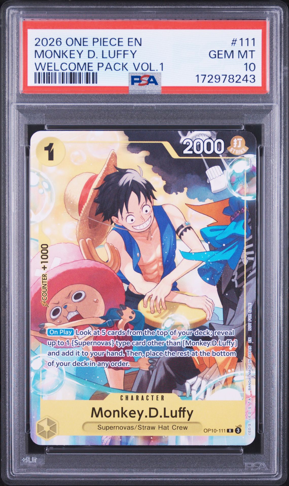 2026 ONE PIECE WELCOME PACK VOL.1 MONKEY D. LUFFY  111 GEM MT 10 front