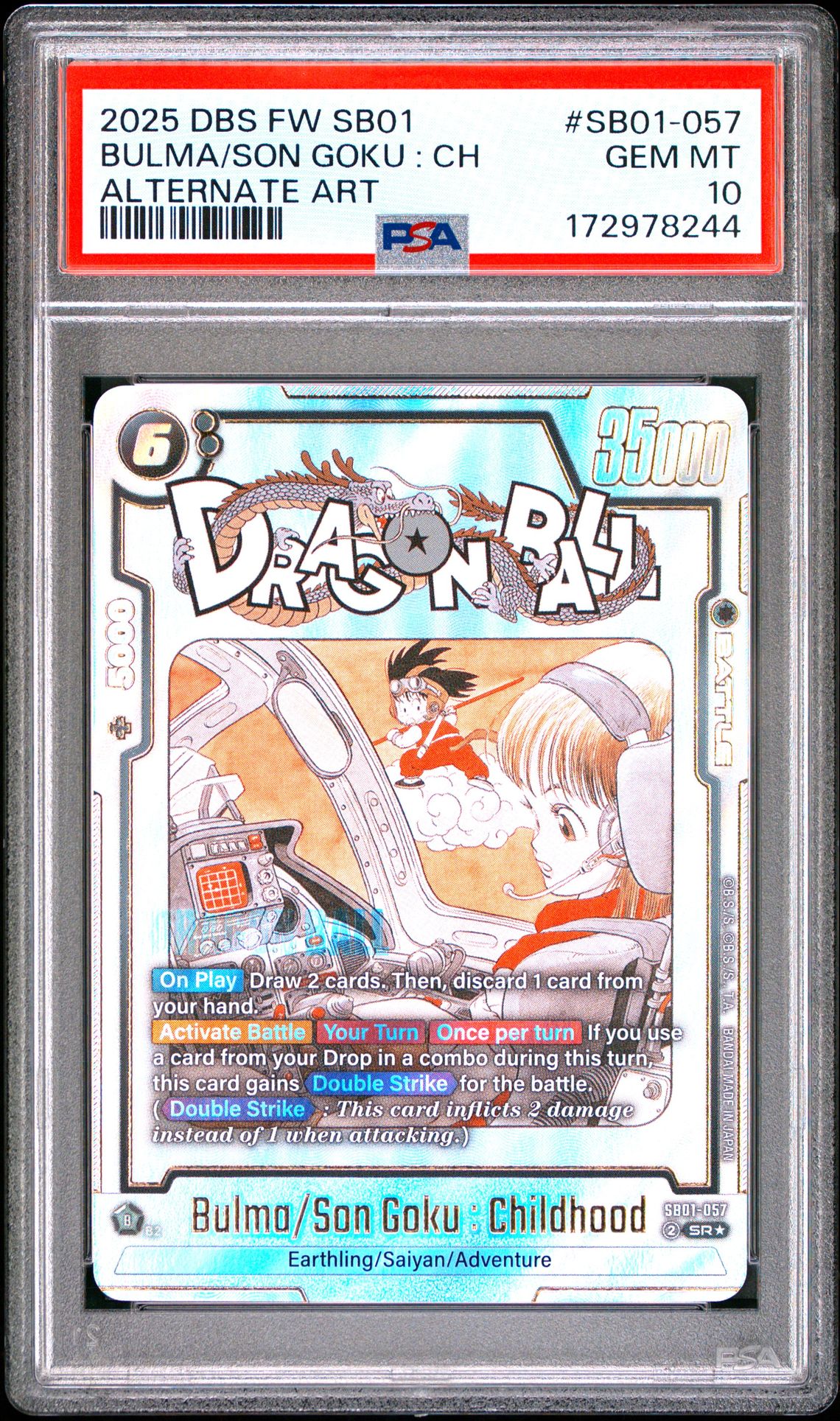 2025 Dragon Ball Super Card Game Fusion World Manga Booster 01 Bulma/Son Goku : Ch #Sb01-057 (Alternate Art) Gem Mt 10 front view - PSA graded GEM MT 10