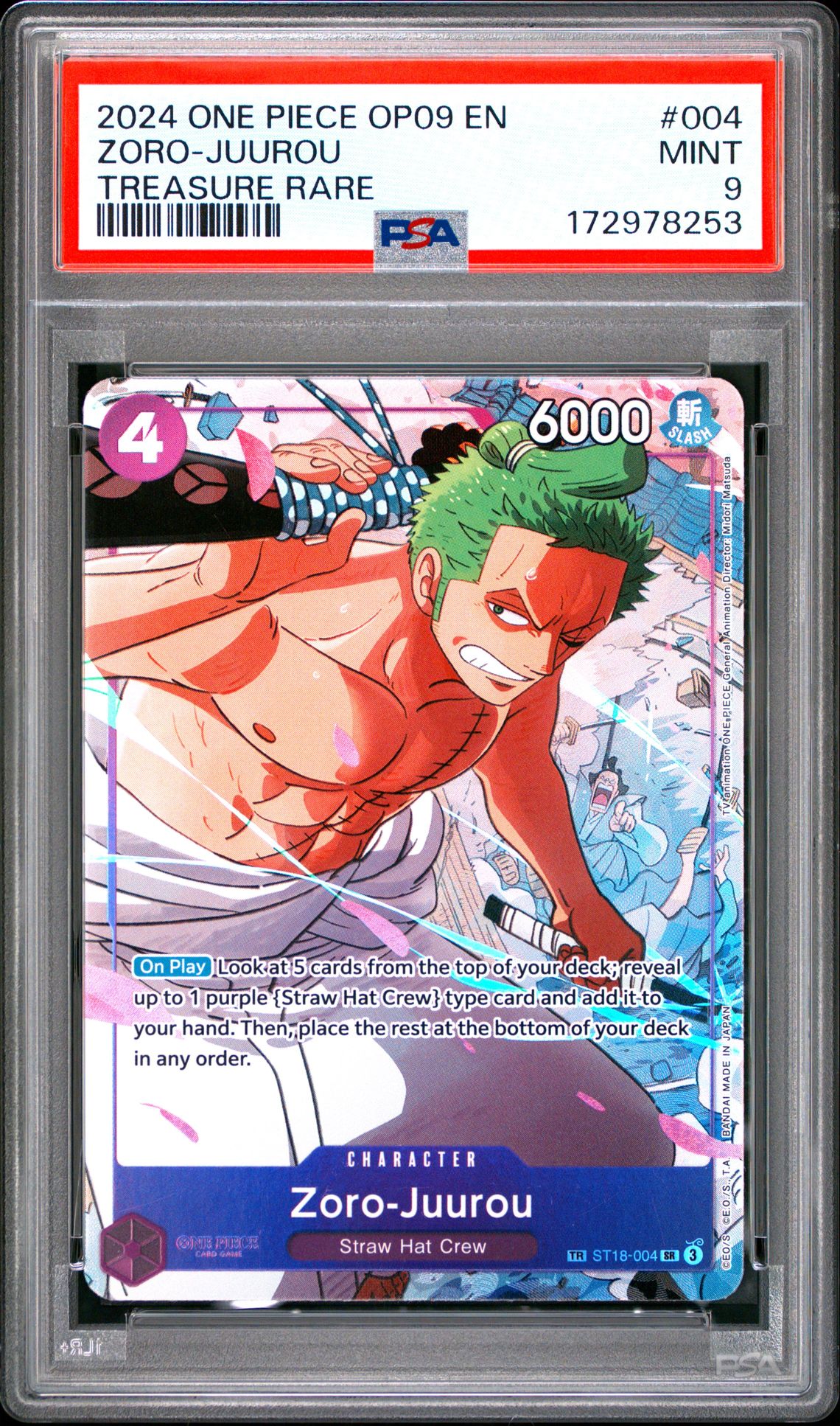 2024 One Piece Op09-Emperors In The New World Zoro-Juurou #004 (Treasure Rare) Mint 9 front