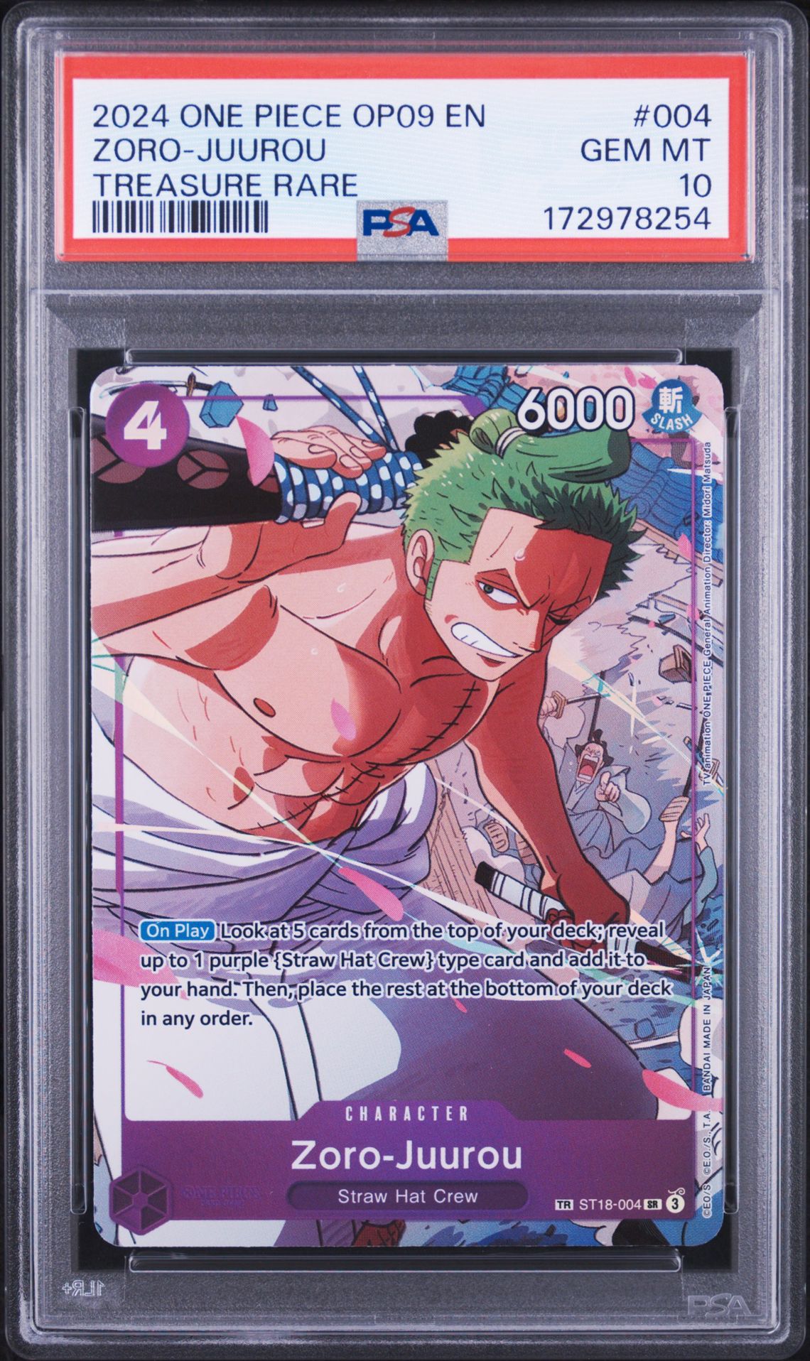 2024 One Piece Op09-Emperors In The New World Zoro-Juurou #004 (Treasure Rare) Gem Mt 10 front view - PSA graded GEM MT 10