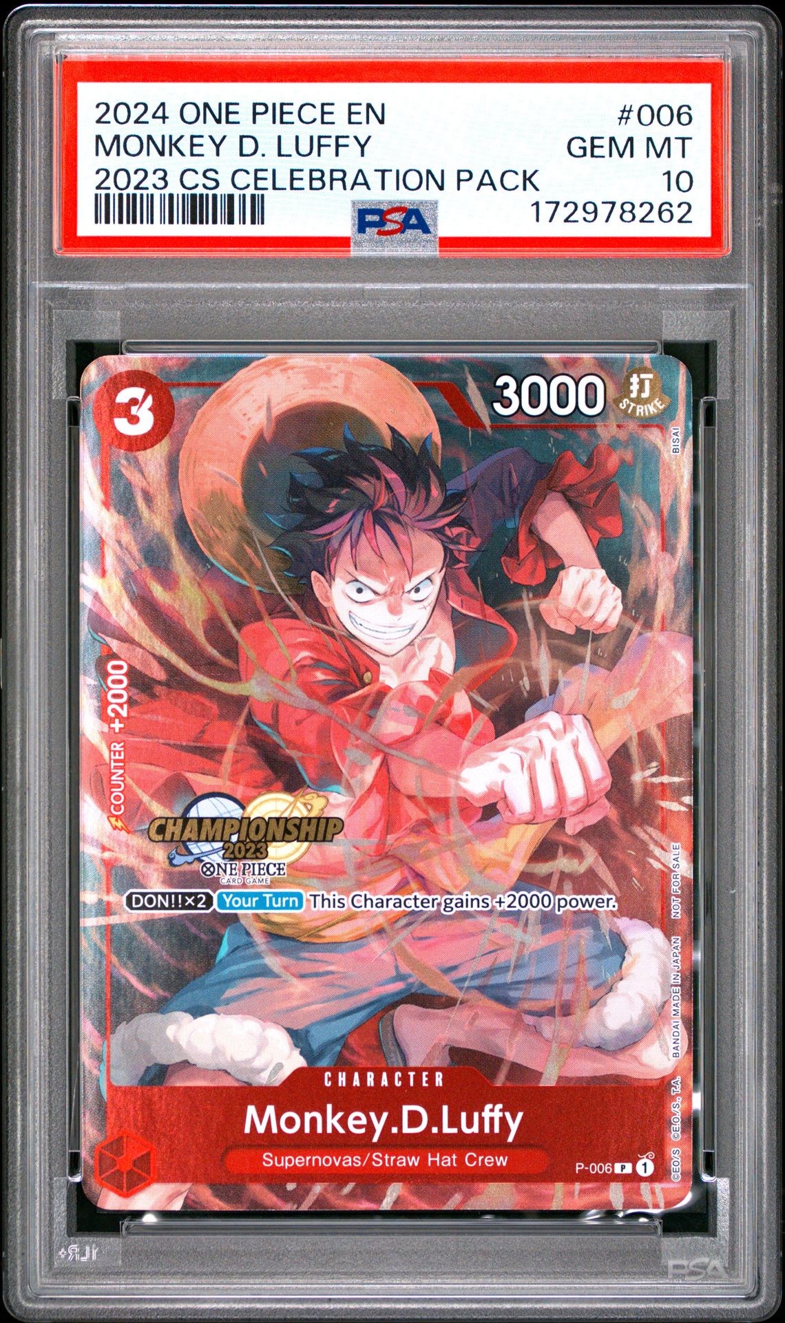 2024 One Piece Championship 2023 Celebration Pack Monkey D. Luffy #006 Gem Mt 10 front view - PSA graded GEM MT 10
