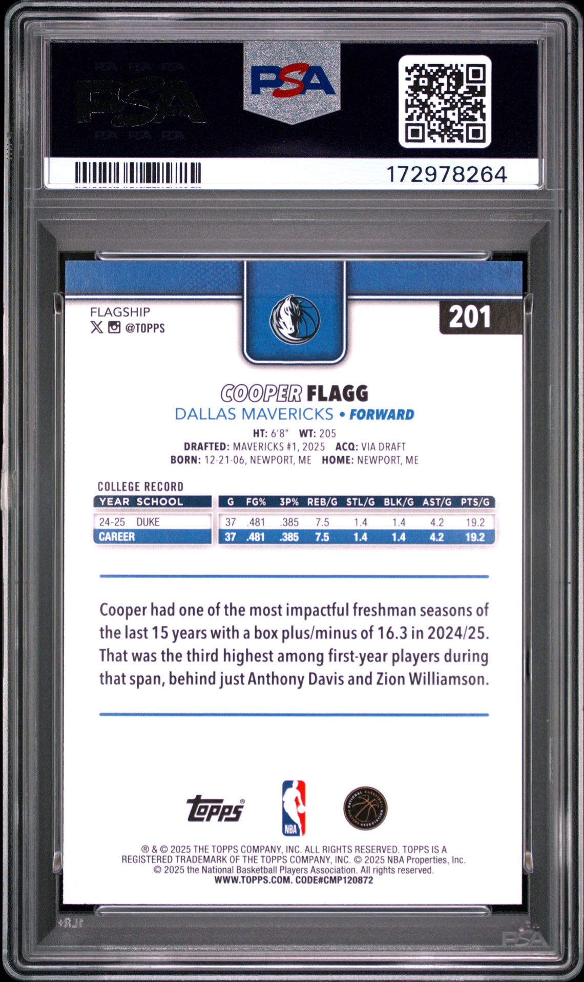 2025 Topps Cooper Flagg #201 (Holo Foil) Gem Mt 10 back view - PSA certificate #172978264