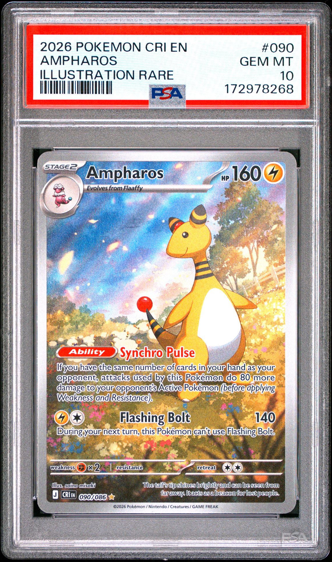 2026 Pokemon Cri En-Chaos Rising Ampharos #090 (Illustration Rare) Gem Mt 10 front view - PSA graded GEM MT 10