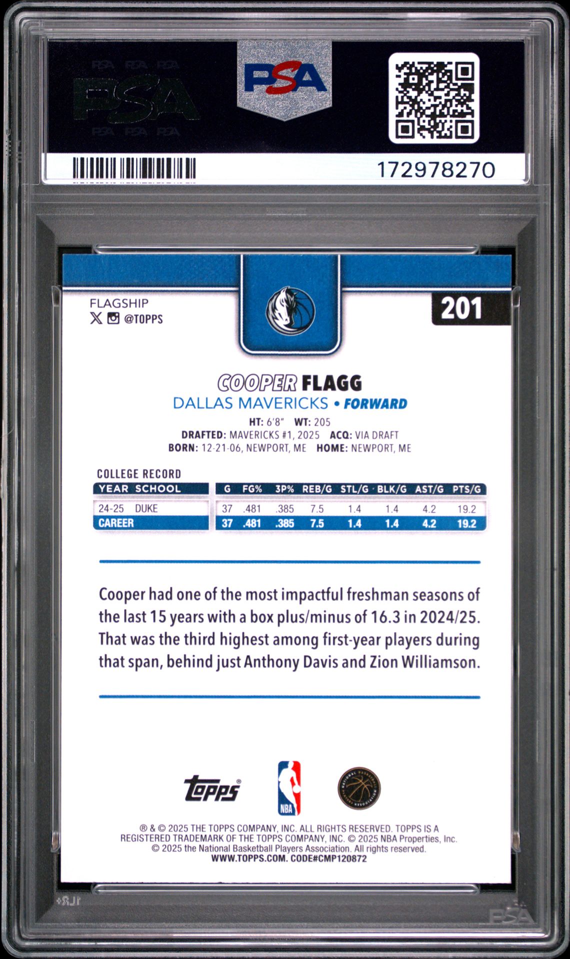 2025 Topps Cooper Flagg #201 (Gold) Mint 9 back