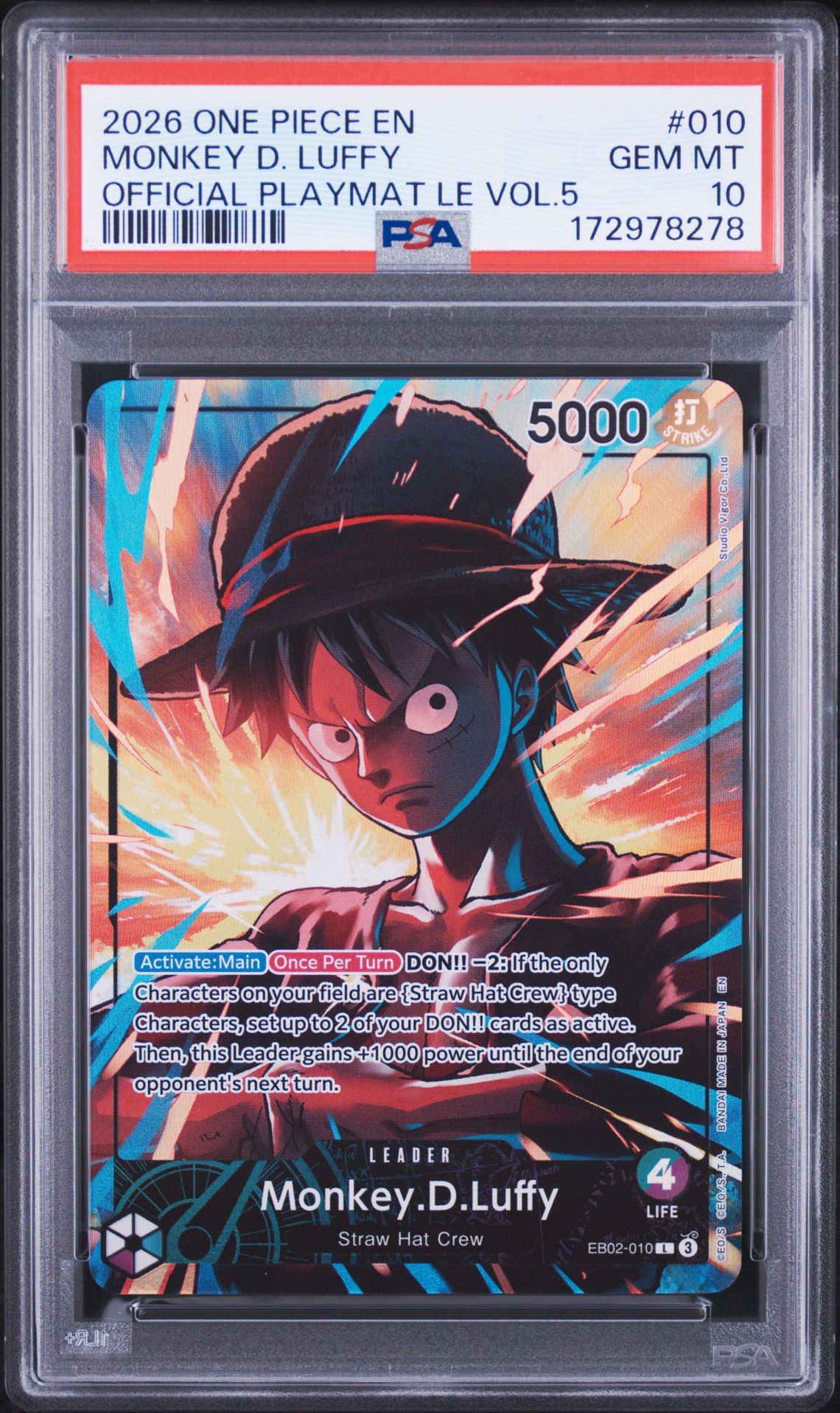 2026 One Piece Promos Monkey D. Luffy #010 (Official Playmat Le Vol.5) Gem Mt 10 front view - PSA graded GEM MT 10