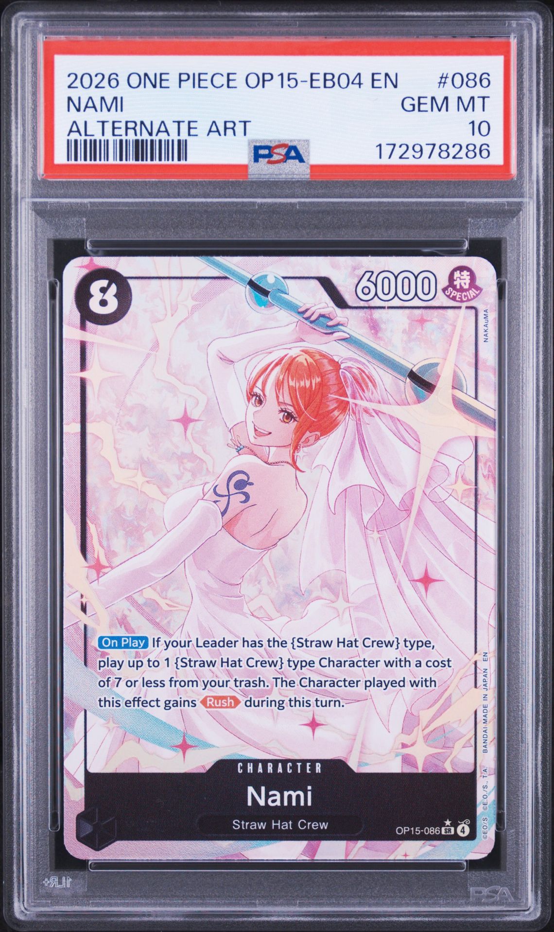 2026 One Piece Op15-Eb04-Adventure On Kami's Island Nami #086 (Alternate Art) Gem Mt 10 front view - PSA graded GEM MT 10