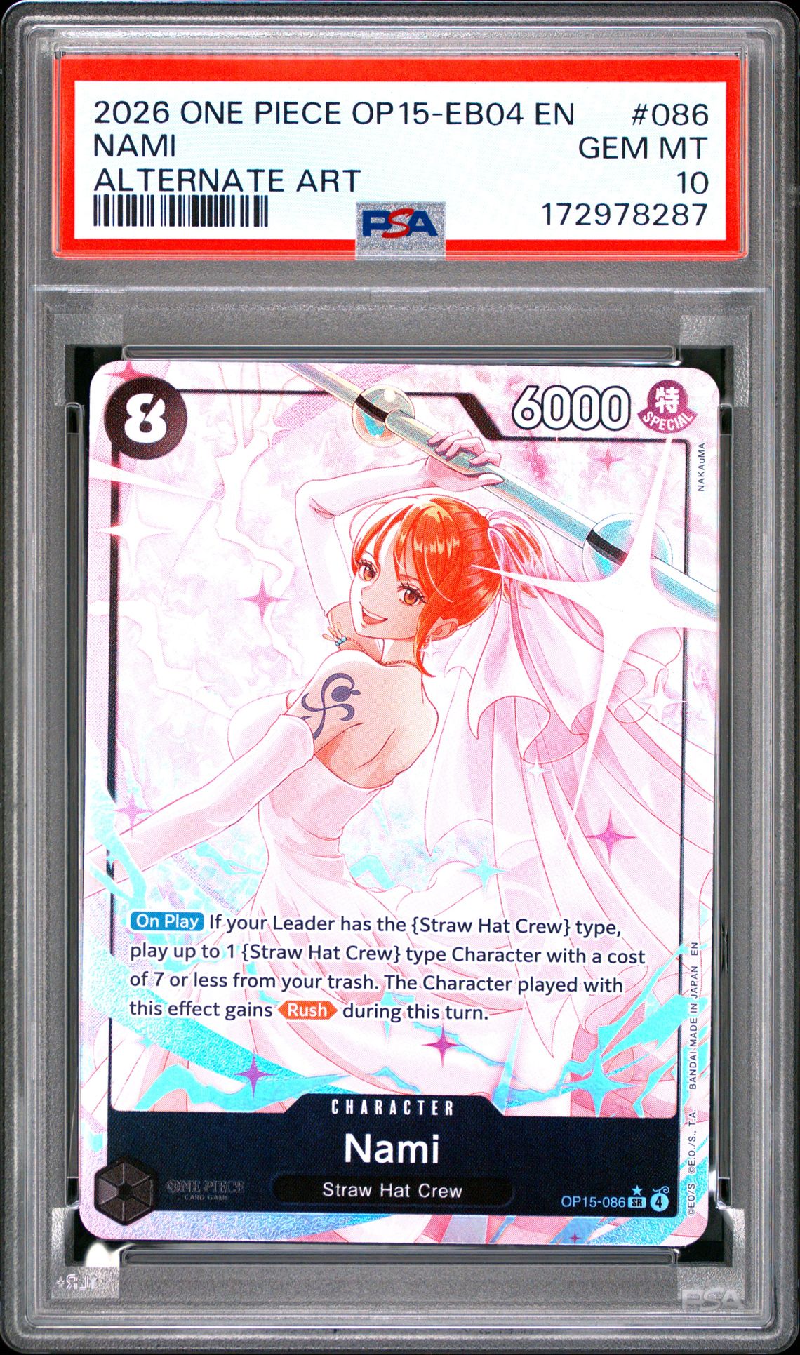 2026 One Piece Op15-Eb04-Adventure On Kami's Island Nami #086 (Alternate Art) Gem Mt 10 front view - PSA graded GEM MT 10