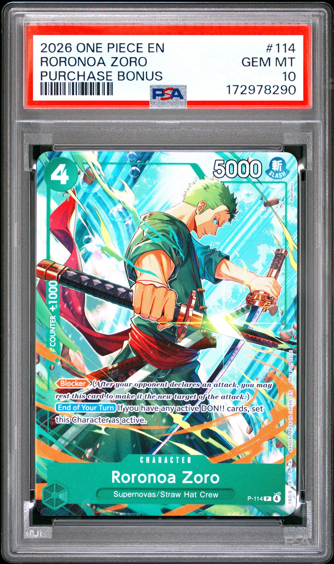2026 One Piece Promos Roronoa Zoro #114 (Purchase Bonus) Gem Mt 10 front view - PSA graded GEM MT 10