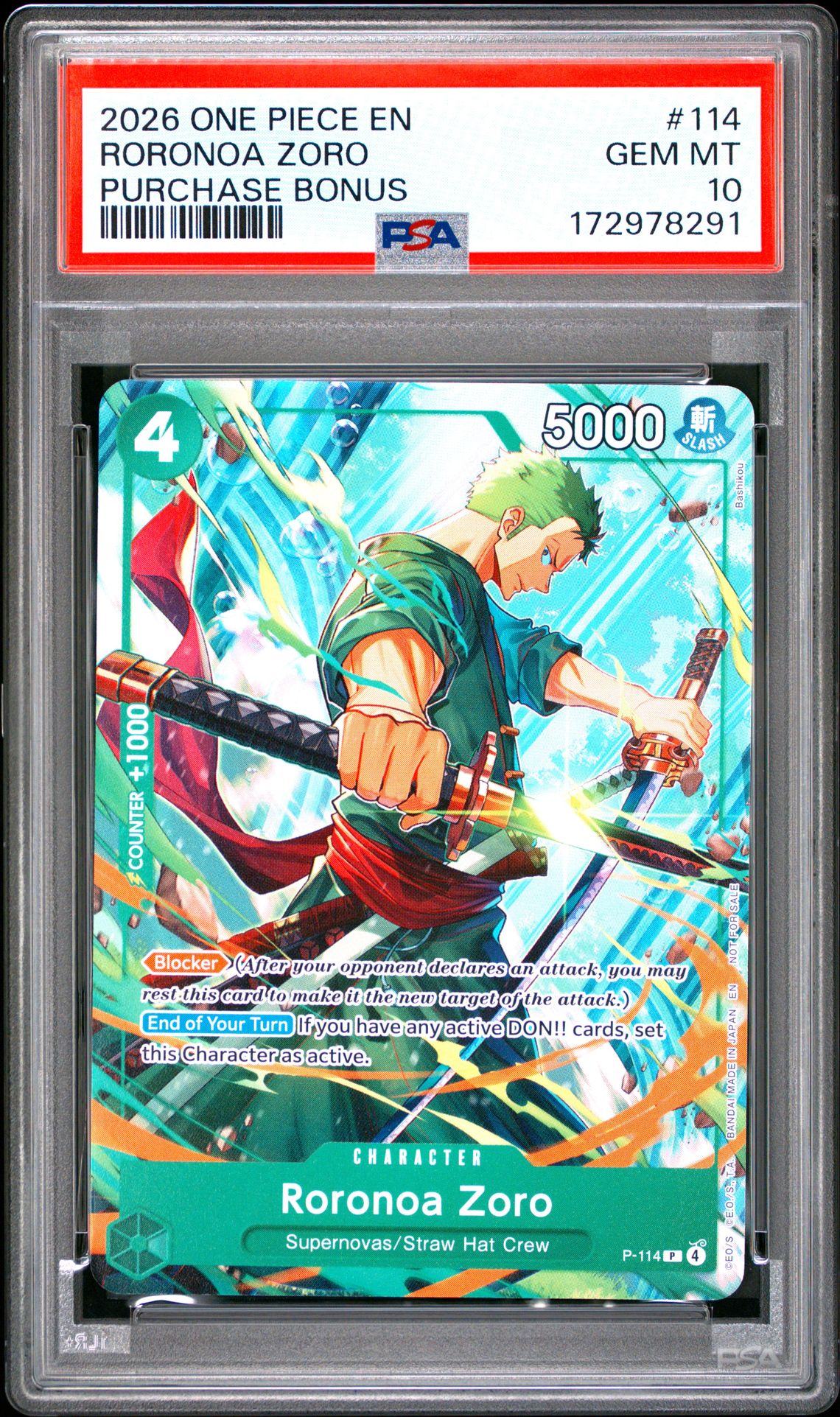 2026 One Piece Promos Roronoa Zoro #114 (Purchase Bonus) Gem Mt 10 front view - PSA graded GEM MT 10